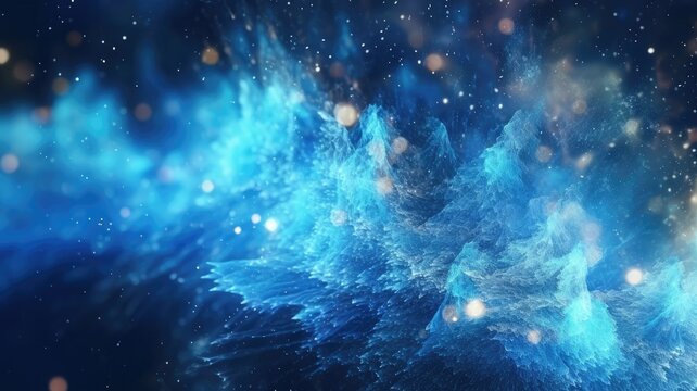Abstract digital artwork of dynamic blue particles with glowing elements and dark background. Shiny glowing glitter with blue wallpaper. Digital design of bright night sky with bright star. AIG35.