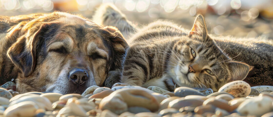 Obraz premium A heartwarming scene of a dog and cat peacefully resting on a pebble-covered beach, enjoying the serene seaside atmosphere.