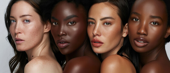 Obraz premium Four women with diverse complexions and striking features pose against a neutral background, exemplifying beauty in its many forms.