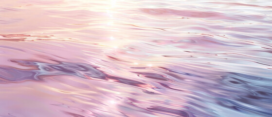 Tranquil pink and purple-hued water surface glistening under soft sunlight, creating a serene and ethereal ambiance.