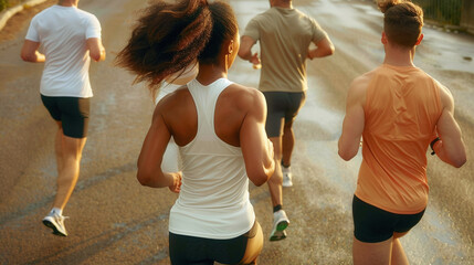 rear view of social fitness runners running in the street on a rainy day