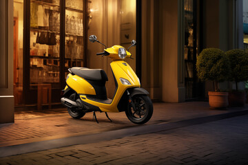 A yellow scooter is parked in street
