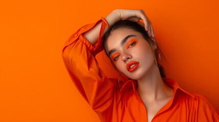 A fashion model pose for brand on clean red background