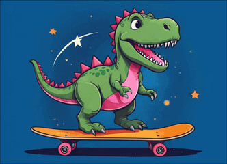 Vector design for children's t-shirt. 
Green cute dinosaur in space on skateboard
with stars. Pattern for textiles, paper,
fabric, clothing for boy in cartoon style.