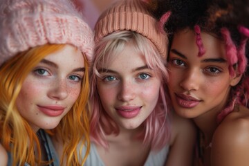 Fototapeta premium Three Friends In Knitted Beanies