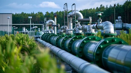 A row of green pipes are neatly arranged in an open field