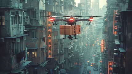 A drone with red navigation lights carries a package through the narrow corridors of a densely built futuristic cityscape