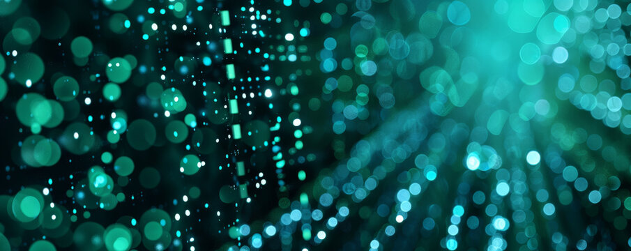 Abstract digital data streams in blue and green hues with binary codes.