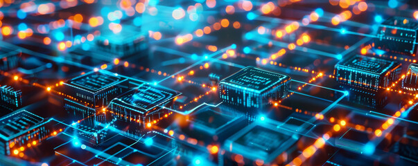 Abstract representation of blockchain technology with interconnected blocks and glowing pathways.