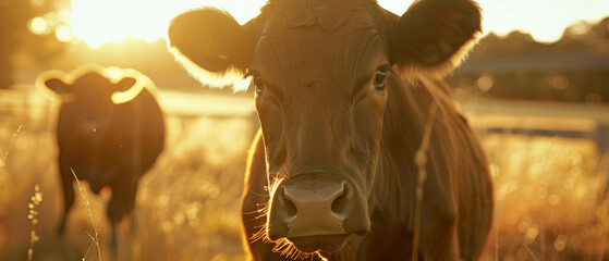 A brown cow stands close, bathed in warm, golden sunlight, with another cow in the blurred background, creating a serene farm scene.