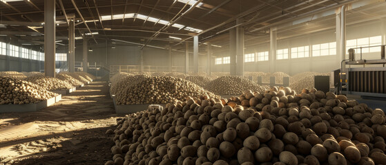 Rows of freshly harvested potatoes fill a sunlit warehouse, highlighting the bounty of the season's harvest.