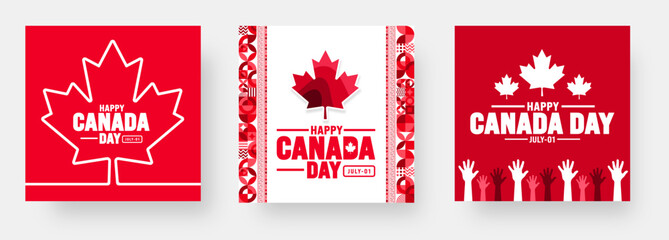 1 July is Happy Canada Day social media post banner or background design template set. with Canada flag maple leaf. celebrating Canada independence day banner bundle.