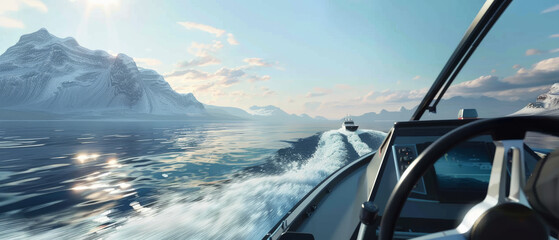 Two boats speed across serene, icy waters against a backdrop of majestic, snow-covered mountains under a bright, cloud-streaked sky.