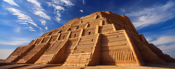 An ancient Mesopotamian ziggurat with clay bricks and carvings.