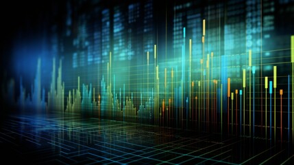 Abstract digital background with dynamic data visualization and glowing charts representing growth and technology in a futuristic setting.