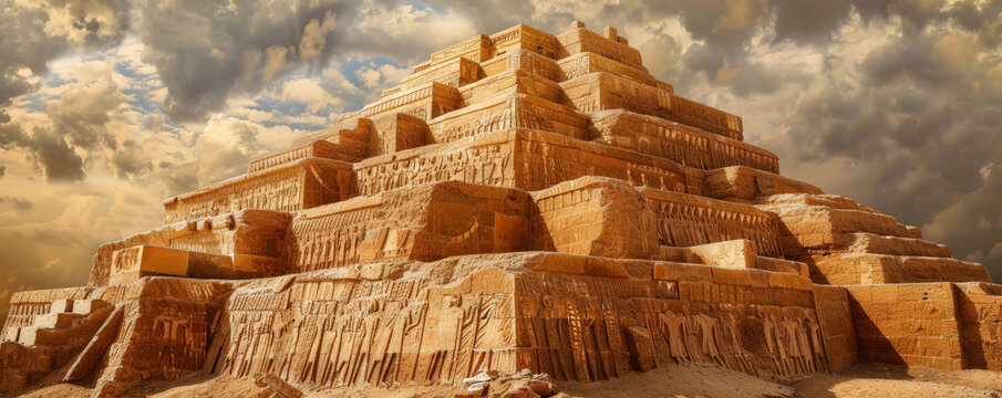 An ancient Mesopotamian ziggurat with clay bricks and carvings.