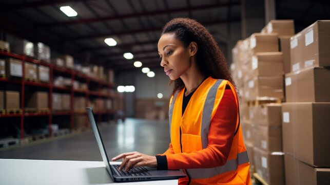 A warehouse worker in a safety vest using a laptop for inventory management amidst stacks of boxes in an organized storage facility.