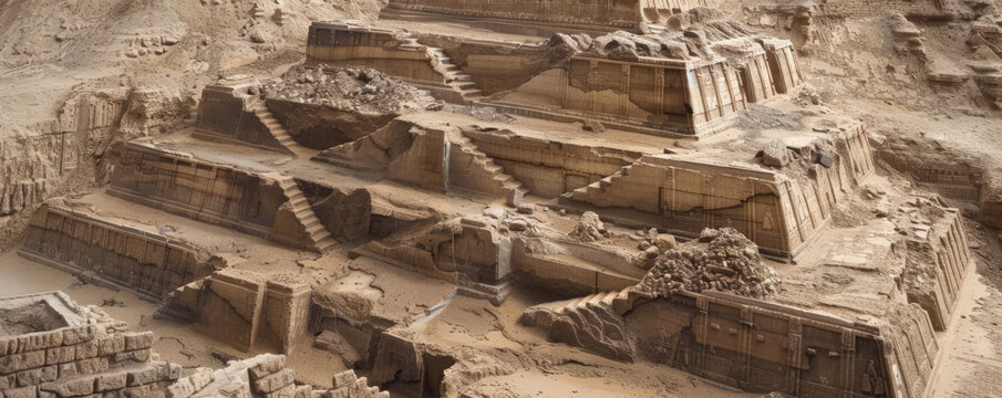 An ancient Mesopotamian ziggurat with clay bricks and carvings.