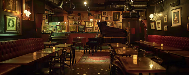 An early 20th-century jazz club with dim lighting and vintage decor.
