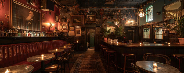 Obraz premium An early 20th-century jazz club with dim lighting and vintage decor.