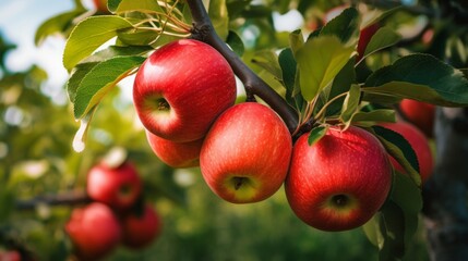 Close-up of ripe red apples hanging on a tree branch in an orchard, ready for harvest under sunlight.