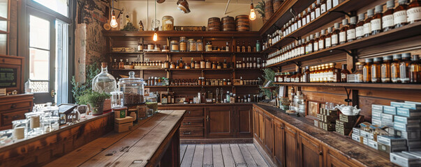 An old-fashioned apothecary shop with wooden shelves and glass bottles.