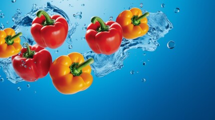 Fresh red and yellow bell peppers splashing in water against a blue background, highlighting their vibrant colors and freshness.