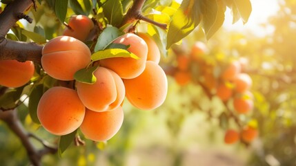 Ripe orange apricots hanging from tree branches in a sunny orchard, showcasing healthy and fresh fruit in a natural setting.
