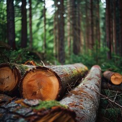 Freshly Cut Logs in Vibrant Forest