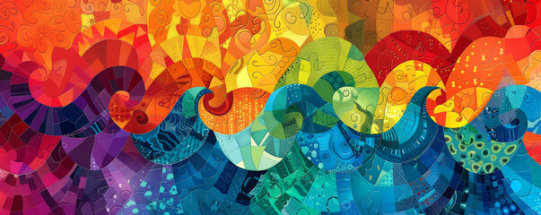 Colorful background with abstract, patchwork quilt patterns.