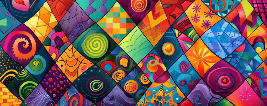 Colorful background with abstract, patchwork quilt patterns.