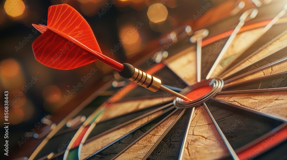 Poster bullseye dart board with red dart arrow hitting the center symbol of precision targeting and achievi