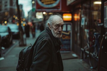 Fototapeta premium Portrait of a senior man with a thoughtful expression walking through a city street