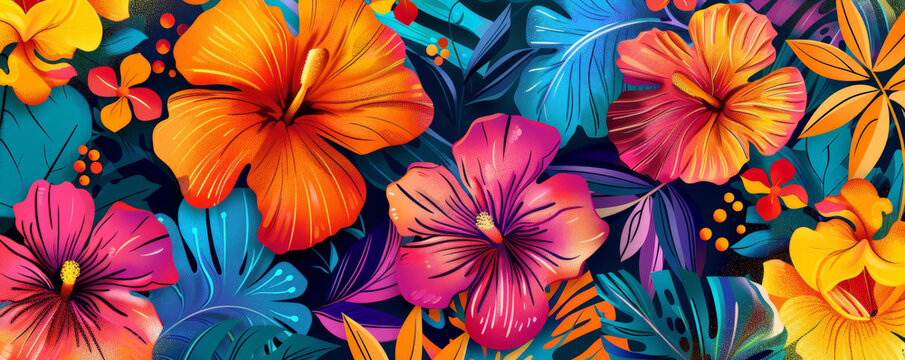 Colorful background with vibrant, floral patterns in bold hues.