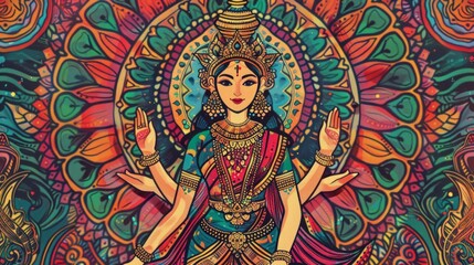 Fototapeta premium Traditional Indian Art of Goddess Lakshmi: Design an image of Goddess Lakshmi in the style of traditional Indian art, such as Tanjore or Madhubani. 