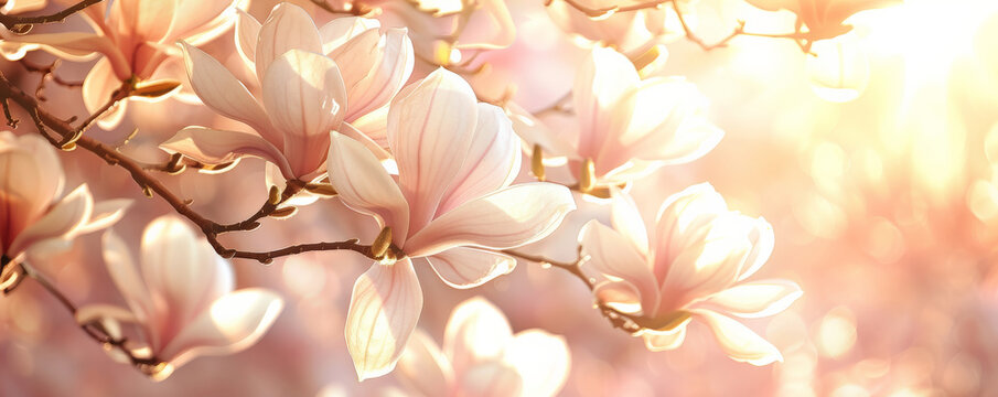 Delicate magnolia flowers blooming against a background of soft, morning light.