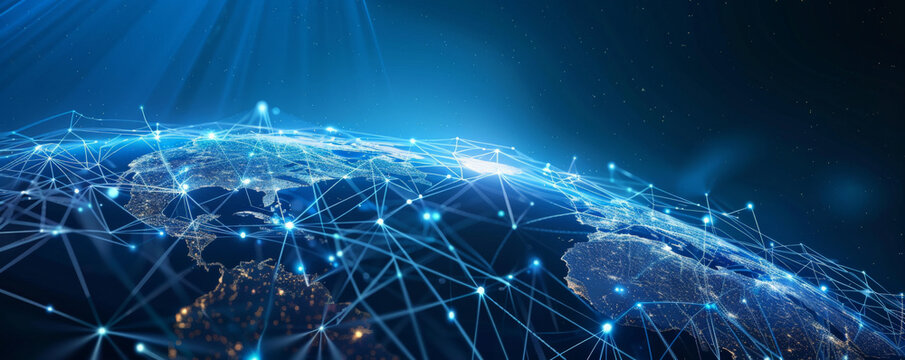 Digital globe with interconnected nodes and data streams.