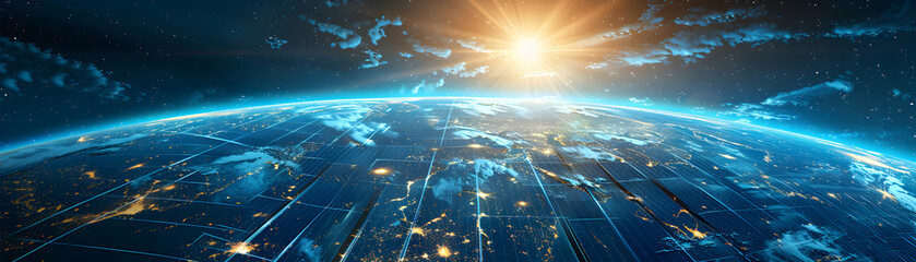 Photo Realistic Earth Solar Panels and Ozone Concept: Illustration of Earth with Solar Panels and Ozone Layer, Symbolizing the Link Between Renewable Energy and Ozone Protection