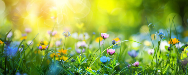 Fresh green meadow filled with colorful wildflowers and bright sunshine.