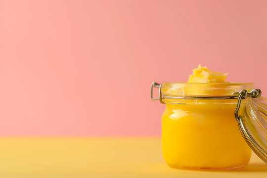 Ghee butter in a glass jar on pastel background