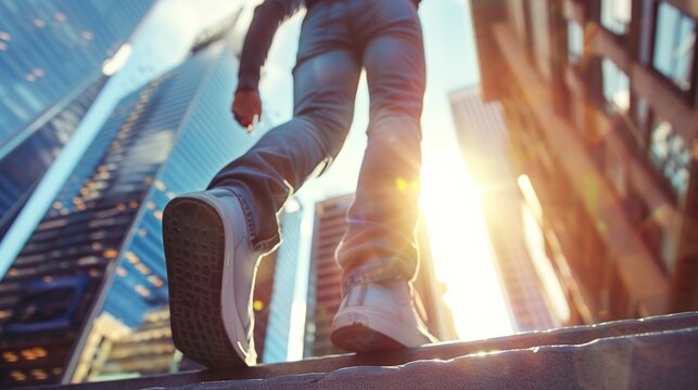 a person clad in casual wear, climbing the stairs within a corporate city setting, evoking the steady pace of career advancement.