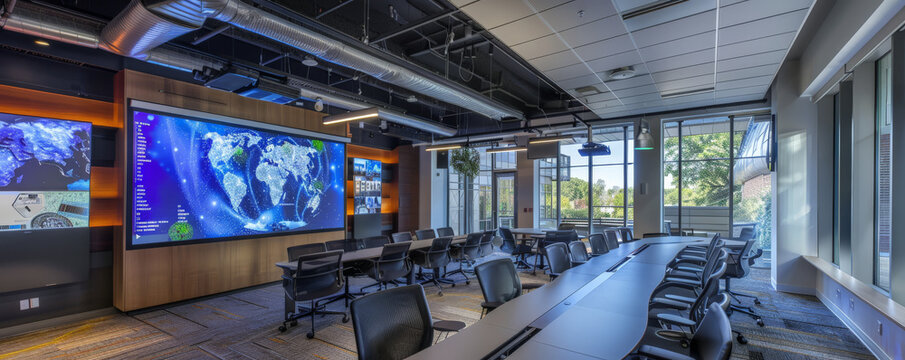 Tech conference room with large screens, holographic displays, and modern decor.