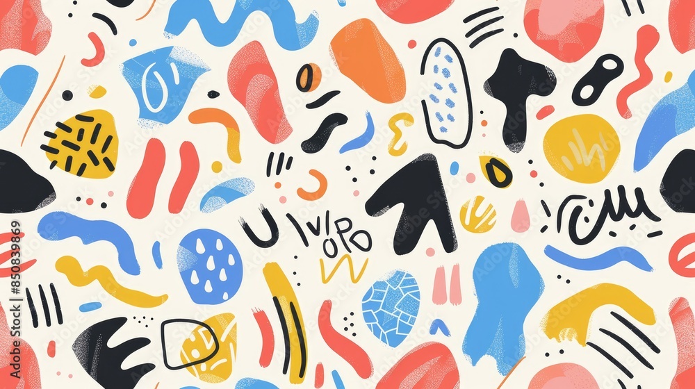Poster minimalist style seamless composition of colorful doodles and simple shapes, creating an uncomplicat