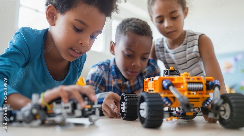 Poster children collaborating on robot programming engaging stem education concept