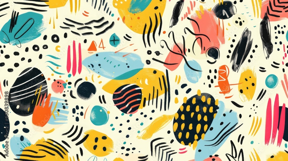 Poster minimalist style seamless composition of colorful doodles and simple shapes, creating an uncomplicat