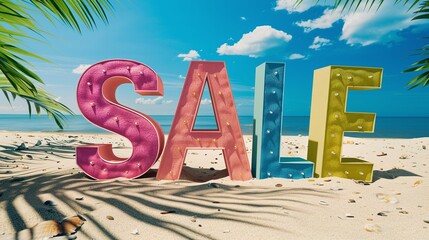 Brightly colored 3D letters spelling "SALE" stand on a sandy beach with a palm decoration under a sunny sky, evoking summer deals.