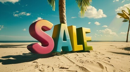 Brightly colored 3D letters spelling "SALE" stand on a sandy beach with a palm decoration under a sunny sky, evoking summer deals.