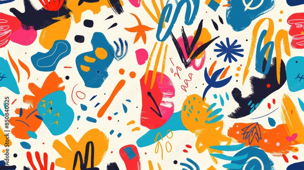 Poster minimalist style seamless composition of colorful doodles and simple shapes, creating an uncomplicat