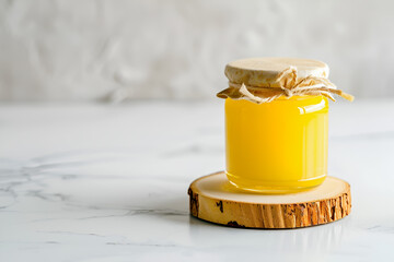 Ghee butter in a glass jar on light background