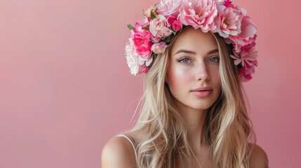 Naklejka premium A young woman with blonde hair wears a flower crown and stares off to the side